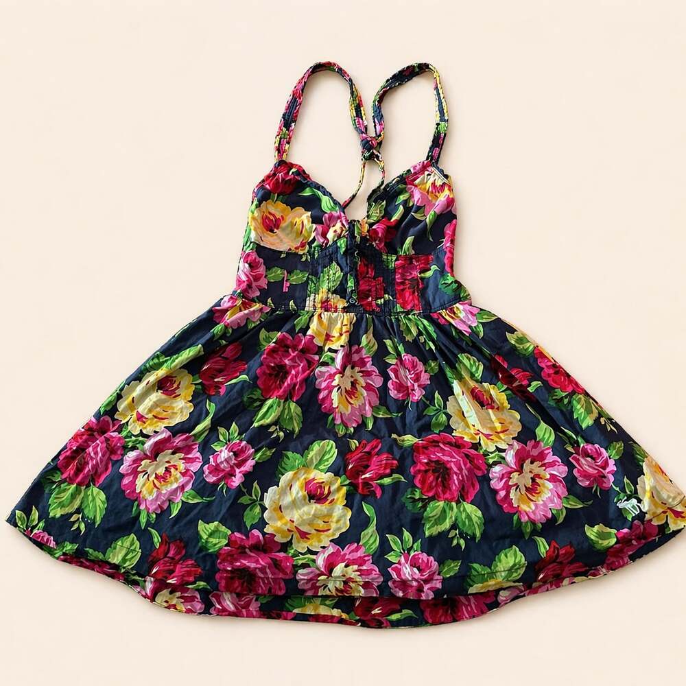 Y2K Abercrombie Fitch Floral Babydoll Mini Dress Navy Pink Size L - Picture 2 of 11